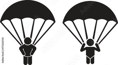 Skydiving parachute flat icons set with skydiver and air sport symbols, adventure jump, flight, parachutist, extreme sport and outdoor activity vectors illustration isolated on transparent background.