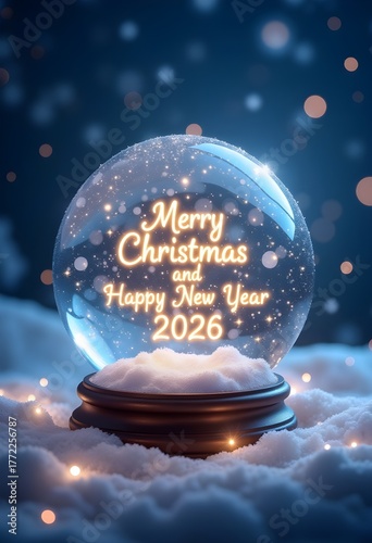 Happy new year 2026 card with snow globe