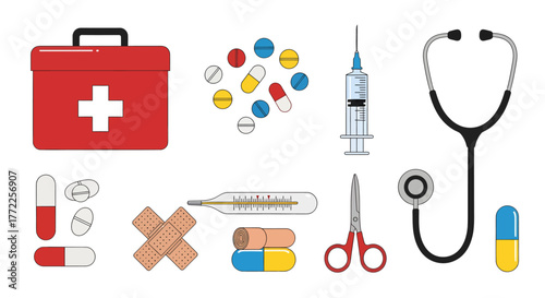 Medical supplies: first aid kit, pills, syringe, stethoscope, thermometer, bandages, and scissors.