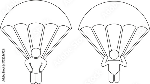 Skydiving parachute line icons set with skydiver and air sport symbols, adventure jump, flight, parachutist, extreme sport and outdoor activity vectors illustration isolated on transparent background.