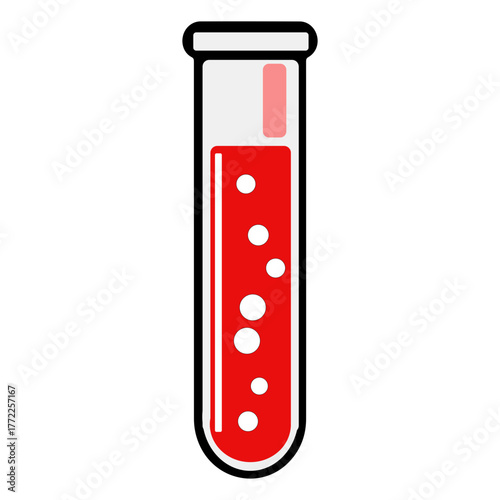 Test tube containing red liquid with bubbles stands in laboratory during scientific experiment, representing chemical analysis and research.