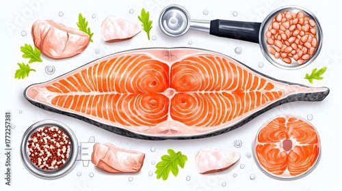 Salmon fillet preparation kitchen food art bright environment top-down view culinary concept