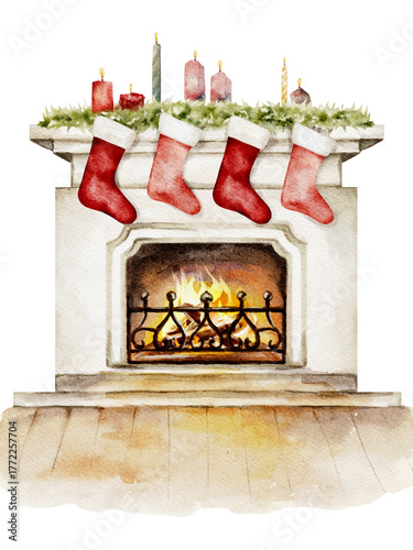 Fireplace with Christmas stockings and candles watercolor