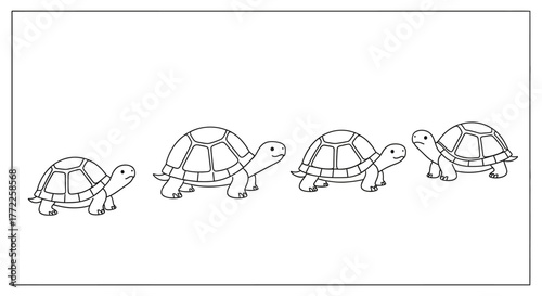 Five turtles walking in a row