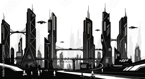 Futuristic cityscape with flying vehicles and elevated roadways