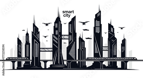 Futuristic smart city skyline with drones and transit