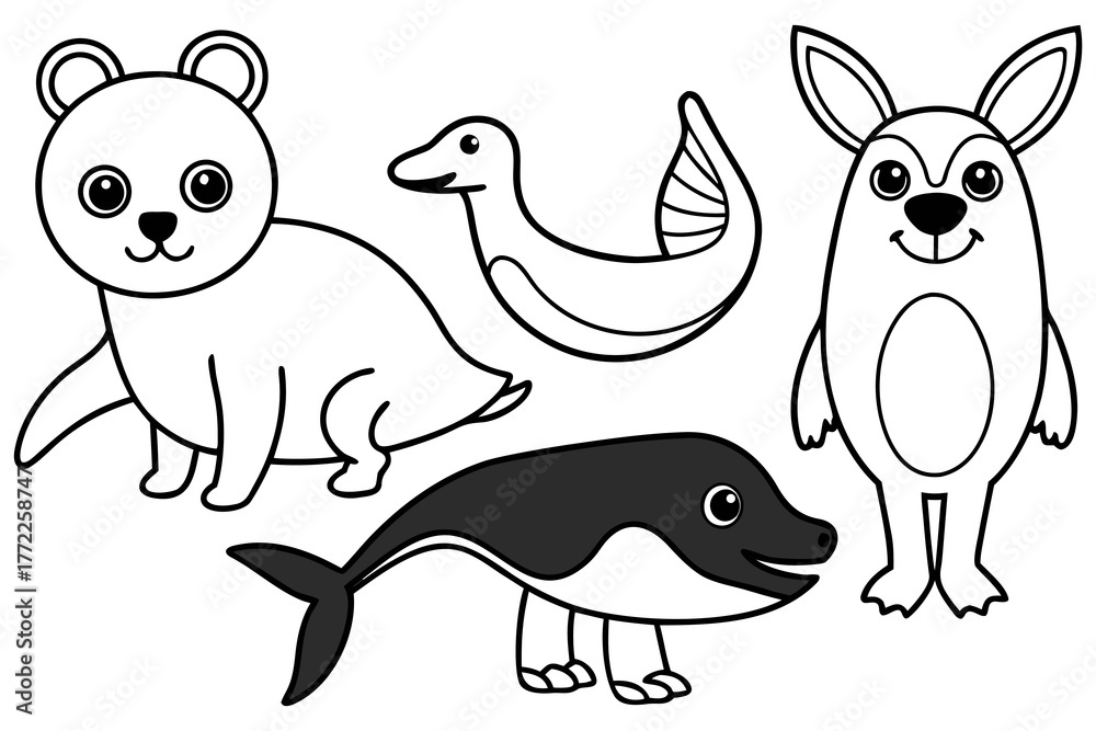 Obraz premium Cute Animal Line Art Collection Simple Outline Wildlife Vector Set Panda, Dolphin, Koala, Eagle, Shark, Deer, Turtle