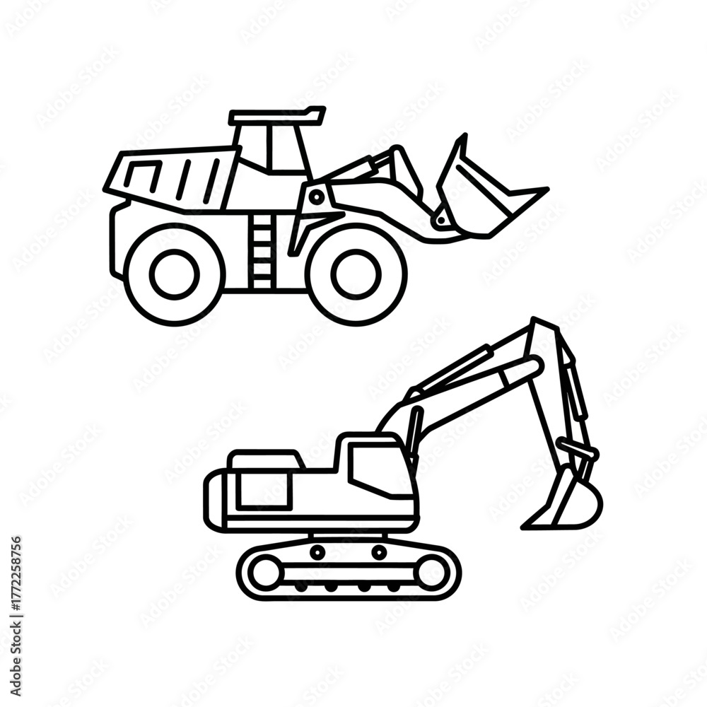 Naklejka premium Line art illustration of construction vehicles: loader and excavator.