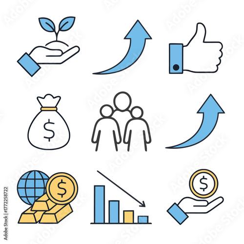 Collection of hand drawn icons representing business growth finance and success