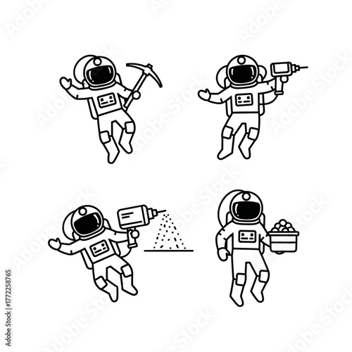 Astronauts in space suits with tools, black and white line art.