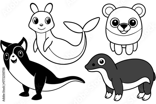 Cute Animal Line Art Collection Simple Outline Wildlife Vector Set Panda, Dolphin, Koala, Eagle, Shark, Deer, Turtle