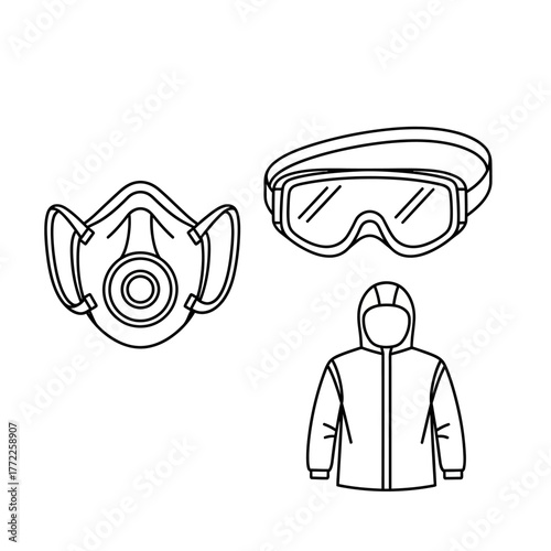 Illustration of protective gear: mask, goggles, and hooded suit.