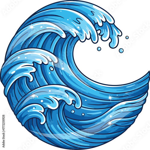 Cartoon ocean wave illustration with detailed line art and bright blue colors