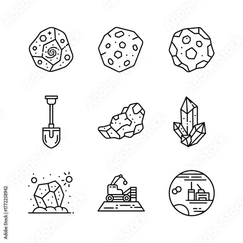 Collection of line art icons depicting space, mining, and crystals.
