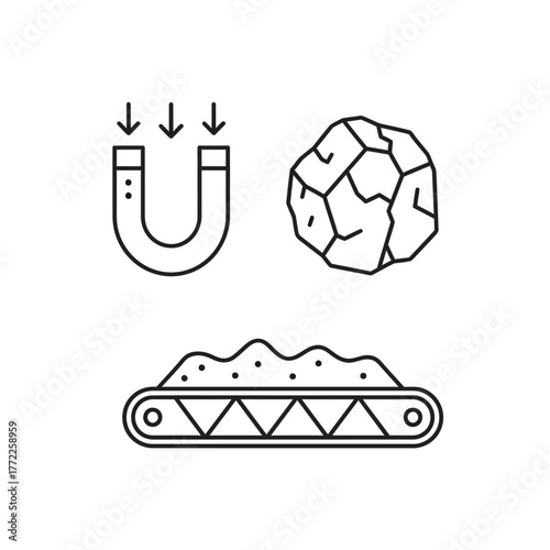 Magnetic separation of ore, conveyor belt, and rock icon.