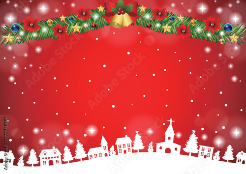 クリスマス背景、町並みシルエット、赤、かわいい、イラスト、横