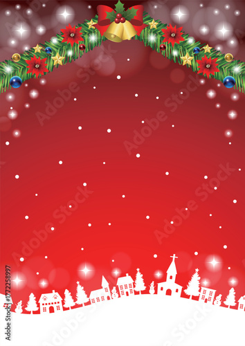 クリスマス背景、町並みシルエット、赤、かわいい、イラスト、縦