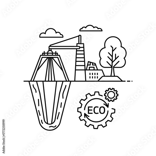 Illustration of geothermal energy production with factory and tree.