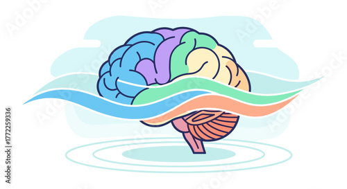 A colorful illustration of a brain with different sections and a wavy line representing thoughts or ideas, set against a light blue background, symbolizing mental clarity.