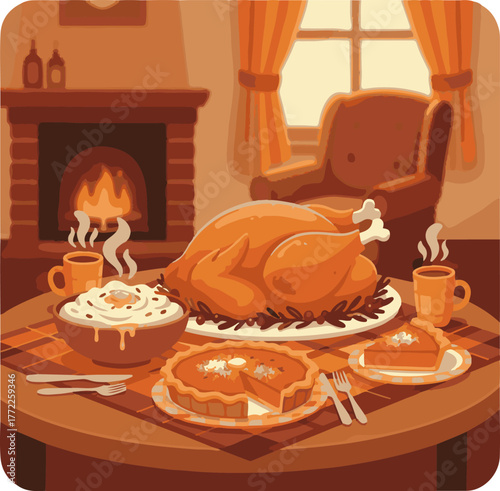 Cartoon Cozy Thanksgiving Dinner Table Illustration with Roasted Turkey and Pie