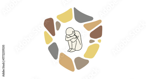 A minimalist illustration depicts a person curled in a fetal position inside a textured shield, symbolizing protection from mental health struggles and seeking help.