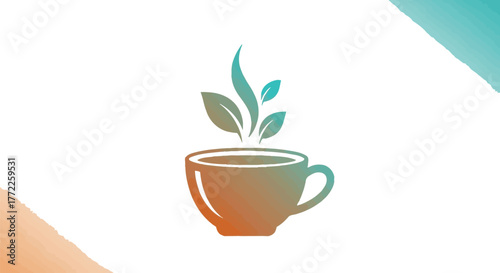 Herbal tea cup with leaves illustration on a gradient background for wellness