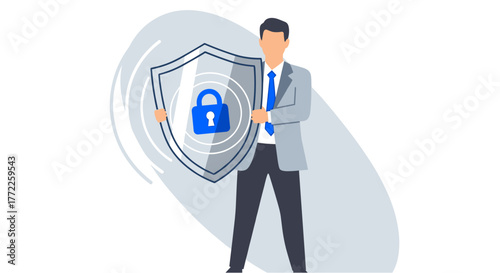 A businessman in a suit holding a shield with a padlock on it, symbolizing protection, security, and safety in a modern and professional design.