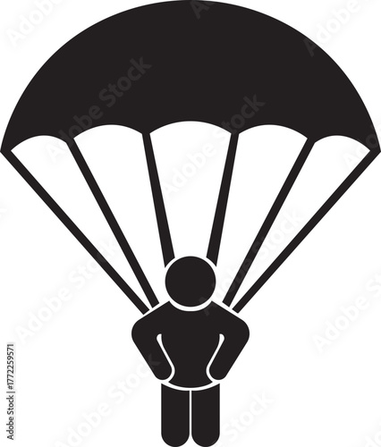 Skydiving parachute flat icon with skydiver and air sport symbol, adventure jump, flight, parachutist, extreme sport and outdoor activity vector illustration isolated on transparent background.
