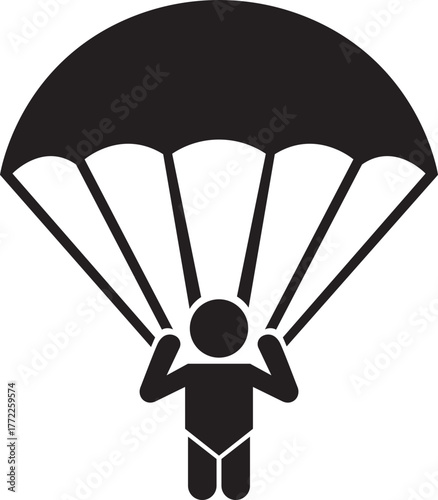 Skydiving parachute flat icon with skydiver and air sport symbol, adventure jump, flight, parachutist, extreme sport and outdoor activity vector illustration isolated on transparent background.