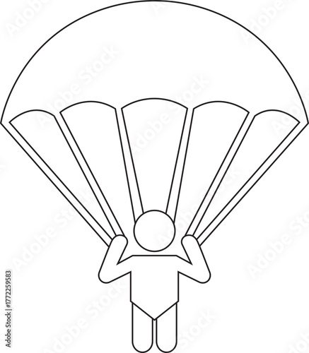 Skydiving parachute line icon with skydiver and air sport symbol, adventure jump, flight, parachutist, extreme sport and outdoor activity vector illustration isolated on transparent background.