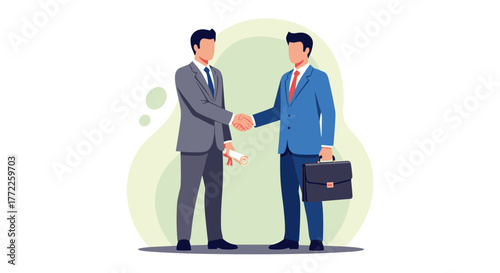 An illustration depicts two business people shaking hands in agreement, one holding documents and the other a briefcase, symbolizing a successful deal.