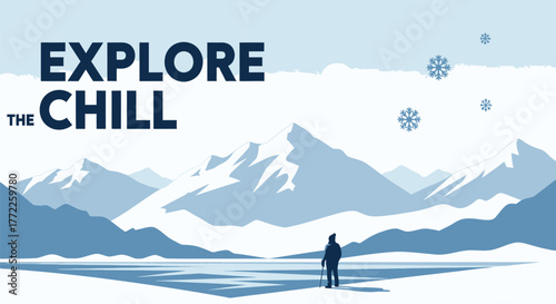 Person exploring the winter landscape with snowy mountains and falling snowflakes