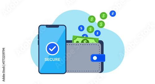 A secure mobile payment transaction is represented with a smartphone, wallet, money, and check mark on a white background, conveying digital finance.