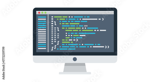 A flat vector illustration depicts a computer monitor displaying lines of code, representing software development and programming concepts in a modern style.