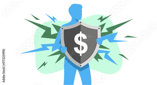 A conceptual illustration shows a blue figure holding a shield with a dollar sign, representing financial protection and security against economic uncertainty.