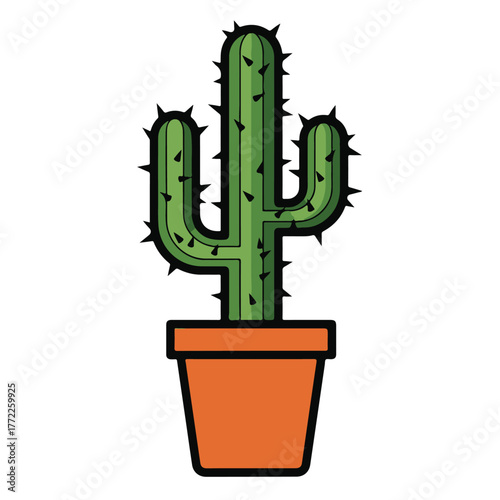 Stylized green potted cactus with sharp black thorns in an orange container.