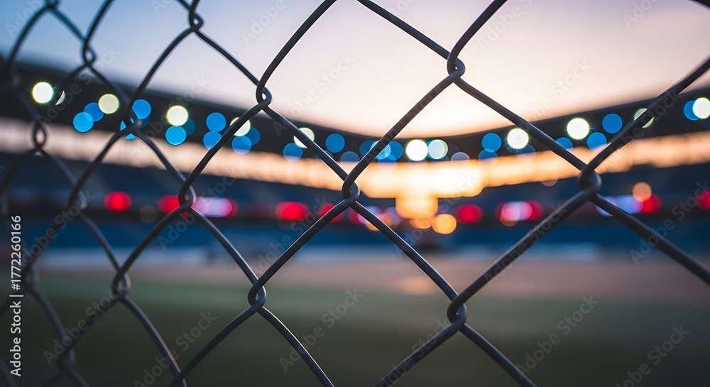 Fototapeta premium View through a chain-link fence to a blurred stadium with vibrant lights at dusk