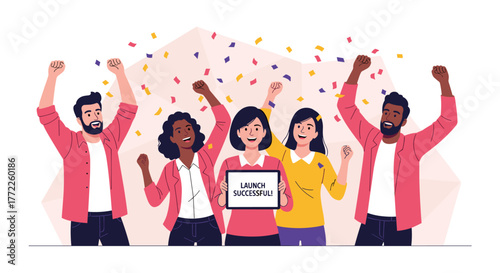 A diverse group of colleagues celebrates a successful product launch, raising their arms in excitement as confetti falls, symbolizing teamwork and achievement.
