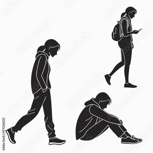 Silhouette of a sad teenager in different poses