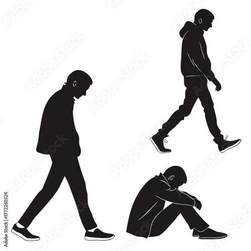 Silhouette of a sad teenager in different poses