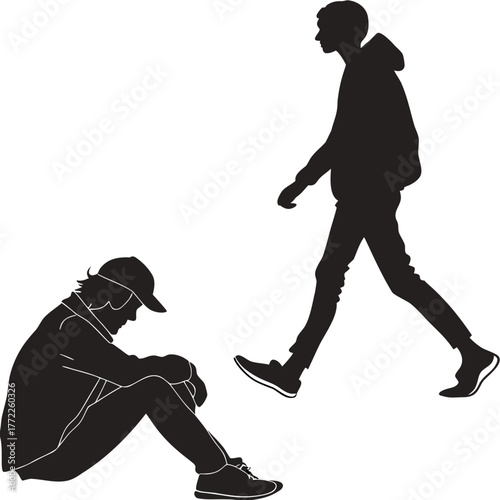 Silhouettes of two men, one sitting and one walking