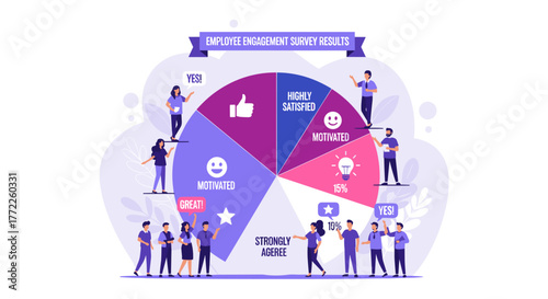 A colorful pie chart illustrates employee engagement survey results, showing varying levels of satisfaction and motivation within a company's workforce.