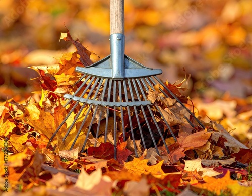 Rake in autumn leaves