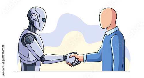 A sleek, modern illustration depicts a human shaking hands with an advanced robot, symbolizing collaboration, innovation, and the future of technology and partnership.