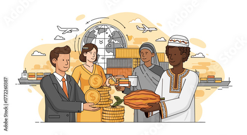 Diverse individuals engaging in global commerce, exchanging goods and currency against a backdrop of international trade and logistics operations for a connected world.