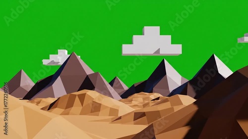 ポリゴン地形上の山々そして雲が浮かぶ緑背景の創造的な風景イラスト