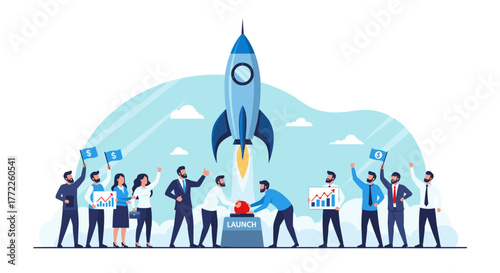 A diverse team celebrates the launch of a new venture, symbolizing innovation and successful teamwork against a backdrop of clouds and a rising rocket.