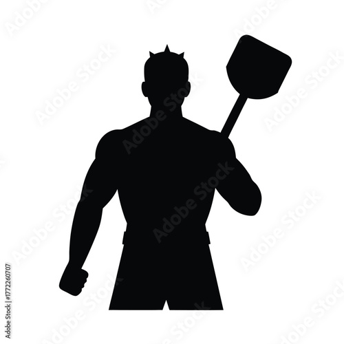Muscular Silhouette of Man Holding Shovel in Black and White Vector Art