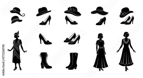 A vintage-inspired vector illustration showcases a collection of elegant women's fashion items, including dresses, hats, and shoes, evoking a classic era of style.