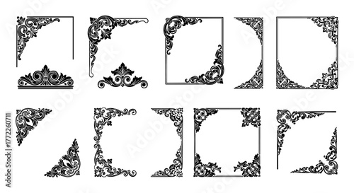 A collection of ten ornate vector corner and border designs, perfect for adding a touch of elegance to invitations, certificates, or decorative projects.